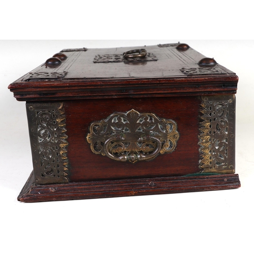 298 - An 18th century Dutch colonial brass and copper mounted hardwood box with two carrying handles, 42cm... 