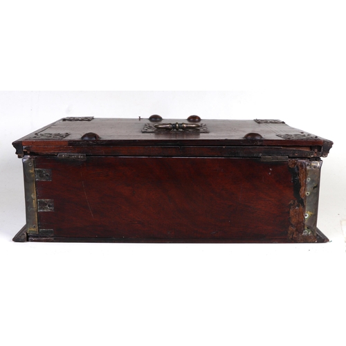 298 - An 18th century Dutch colonial brass and copper mounted hardwood box with two carrying handles, 42cm... 