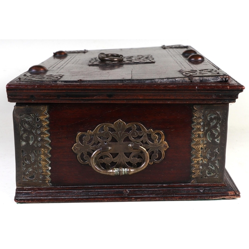 298 - An 18th century Dutch colonial brass and copper mounted hardwood box with two carrying handles, 42cm... 