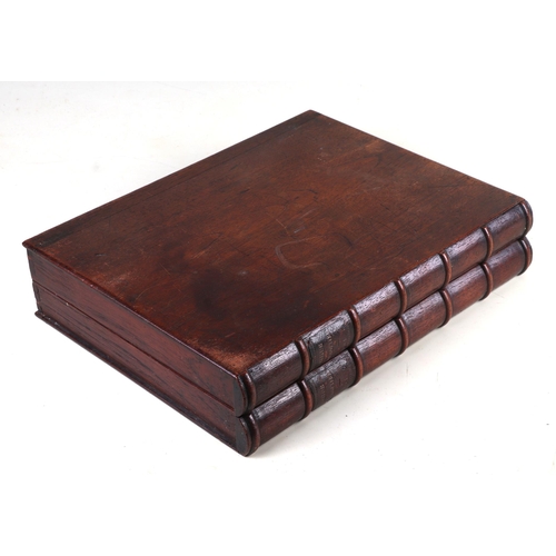 299 - A 19th century mahogany bibliophiles secret box in the form of a pair of books, the ribbed spines em... 