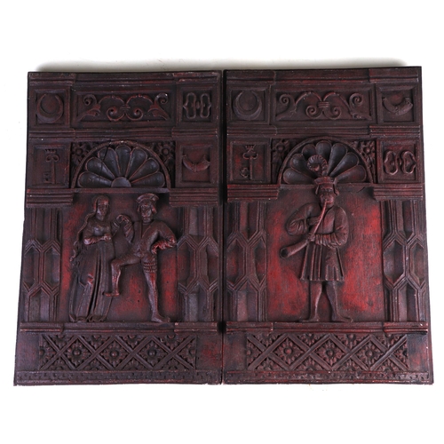 301 - A pair of 17th century style figural panels, one depicting a courting couple, the other a piper, 31c... 