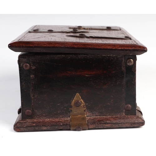 304 - A 19th century mahogany box with brass strapwork decoration, 24cm wide.