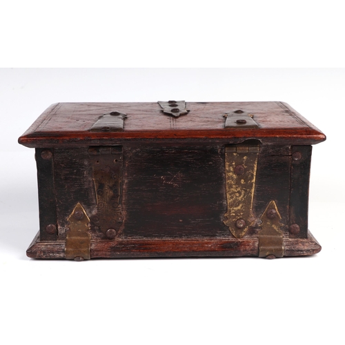 304 - A 19th century mahogany box with brass strapwork decoration, 24cm wide.