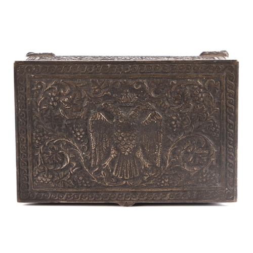 306 - A Greek silvered bronze casket the top decorated grape and vine and a two headed eagle, 13.5cm wide,... 