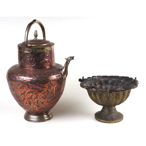 307 - A 19th century Italian Repousse, copper and brass vessel, 31cm high together with a brass holy water... 