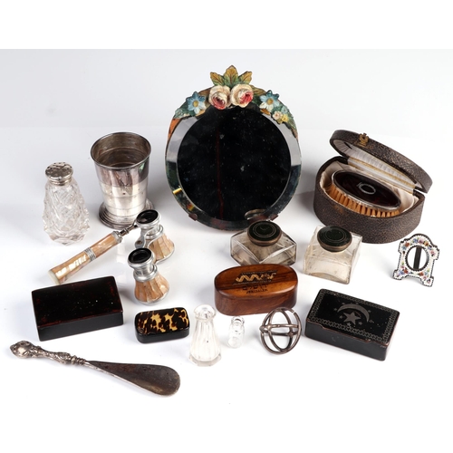 309 - A Barbola strut mirror a pair of  mother of pearl opera glasses, an olive wood snuff box a miniature... 