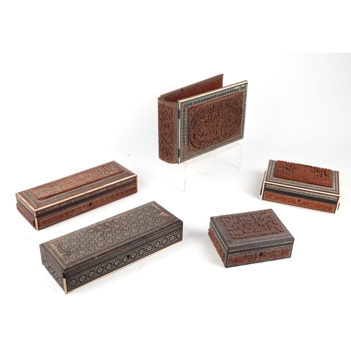 314 - A group of Anglo-Indian bone inlaid Sadeli micromosaic items to include glove boxes and desk blotter... 