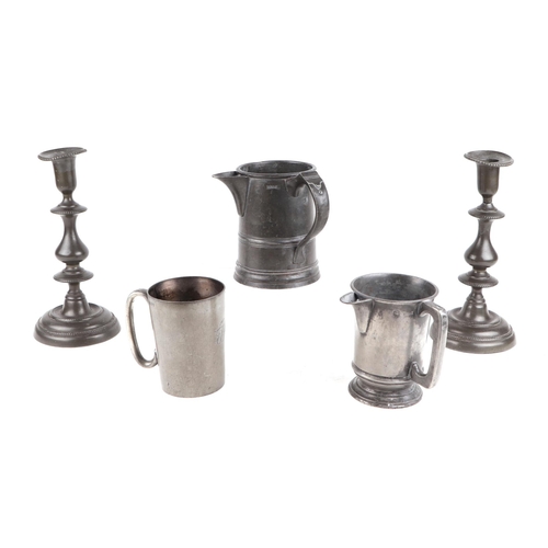 318 - A pair of 19th century pewter ejector candle sticks, 25cm high, (a/f); together with three pewter ta... 