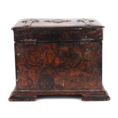 323 - A 19th century brass mounted faux burr walnut painted tea caddy with internal lid, 13cms wide.