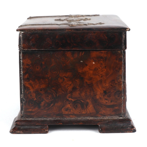 323 - A 19th century brass mounted faux burr walnut painted tea caddy with internal lid, 13cms wide.