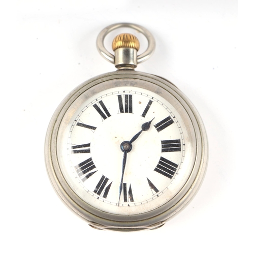 337 - Railway interest.  A Waltham Watch Co. nickel plated open faced pocket watch, the white enamel dial ... 