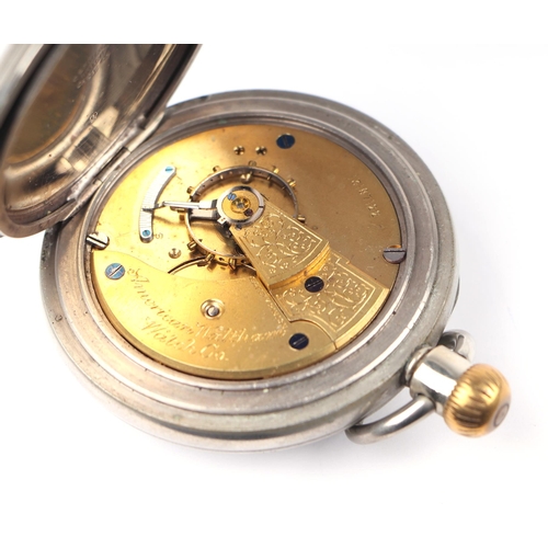 337 - Railway interest.  A Waltham Watch Co. nickel plated open faced pocket watch, the white enamel dial ... 