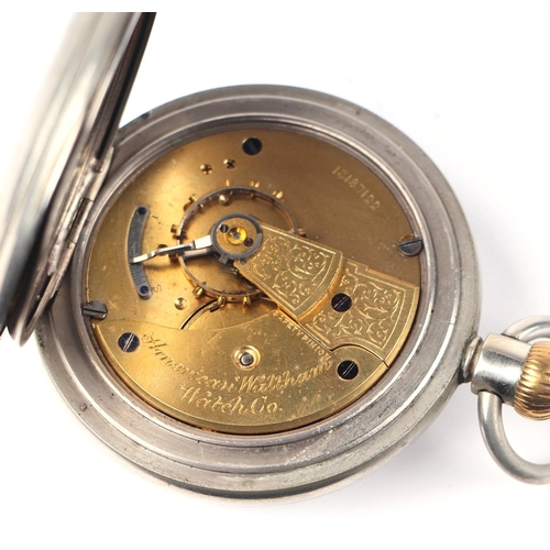 337 - Railway interest.  A Waltham Watch Co. nickel plated open faced pocket watch, the white enamel dial ... 