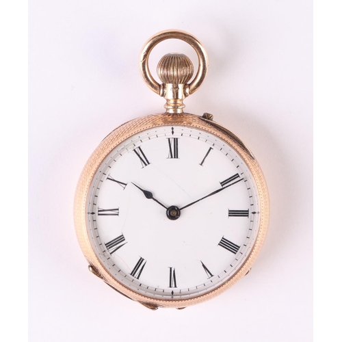 340 - A 14ct gold cased open face fob watch, the white enamel dial with Roman numerals. 3.2cm diameter, to... 