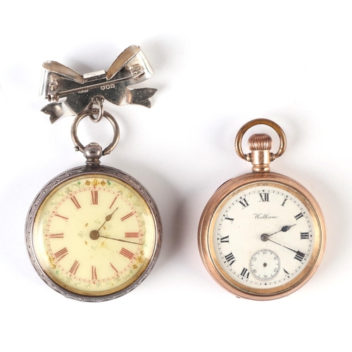 346 - A Waltham open faced fob watch in a gold plated case; together with a silver cased open faced fob wa... 