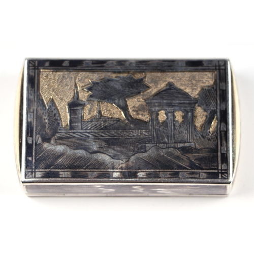 398 - A Russian silver rectangular snuff box with niello decoration, 61g, approx 6cms wide.