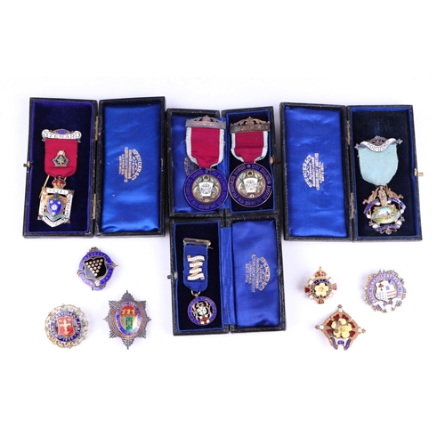 407 - A collection of silver and enamel Masonic jewels, some cased, to include an enamel founders medal fo... 