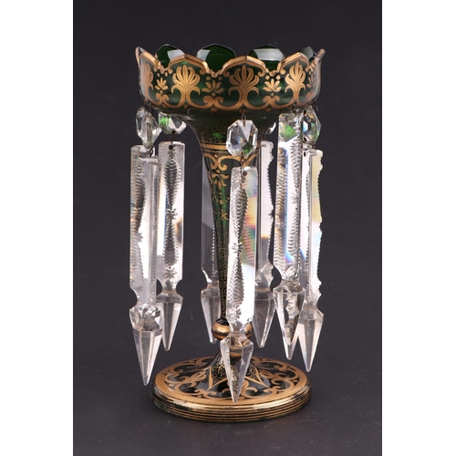 42 - A bohemian green glass lustre with gilt decoration and clear glass drops, 25cm high