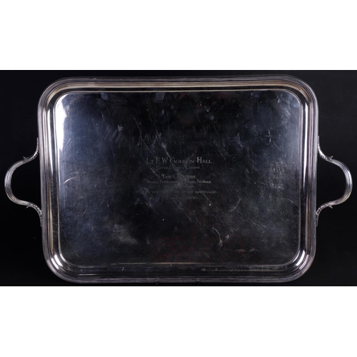 420 - Military Interest: A silver plated two-handled tray with presentation inscription 'Lt F. W. Gordon-H... 