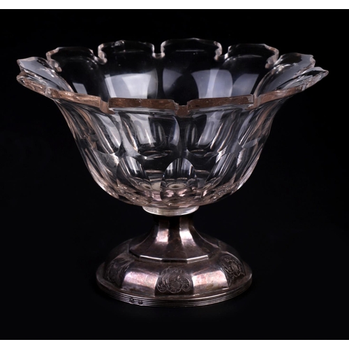 423 - A 19th century French faceted glass pedestal bowl with silver base, 13cm high.