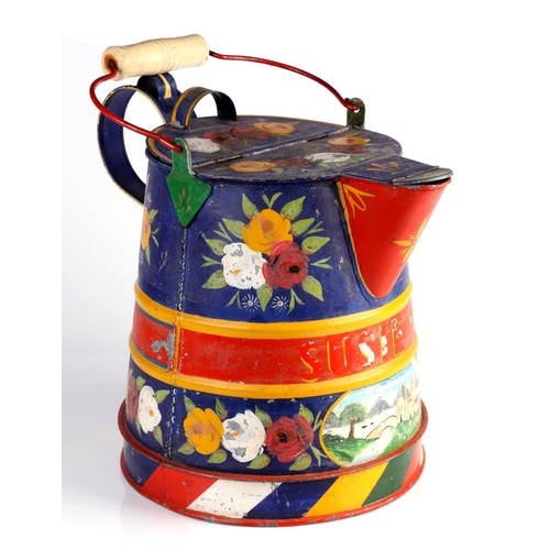 5 - A bargeware watering can traditionally decorated with roses and vignette depicting a canal, 28cms hi... 