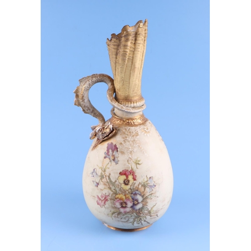 51 - A continental Bohemian amphora dragon handled ewer with floral decoration, 34cms high.