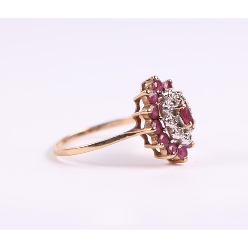 515 - A 9ct gold ruby and diamond cluster ring, approx UK size 'O', 2.2g.