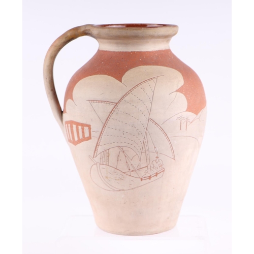 54 - A West Country Art pottery slipware jug decorated with a sailing ship and an Egyptian Faluka boat, i... 