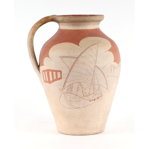 54 - A West Country Art pottery slipware jug decorated with a sailing ship and an Egyptian Faluka boat, i... 