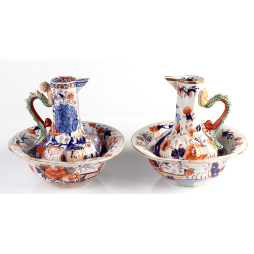 56 - Two 19th century Masons Ironstone jugs and basin sets, impressed mark to the underside, the jugs 17c... 