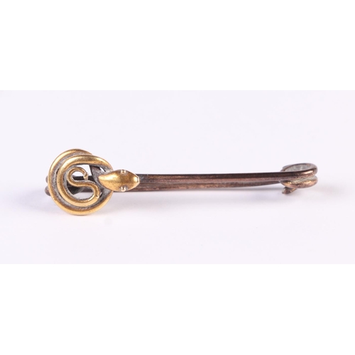 564 - An 18ct gold collar pin, 3.1g; together with a Victorian yellow metal brooch in the form of a coiled... 