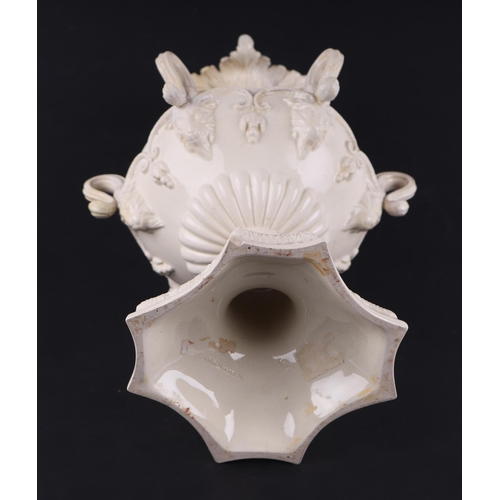 60 - An unusual 19th century Wedgwood Creamware parfumier with acanthus leaf and rams head body and pinea... 