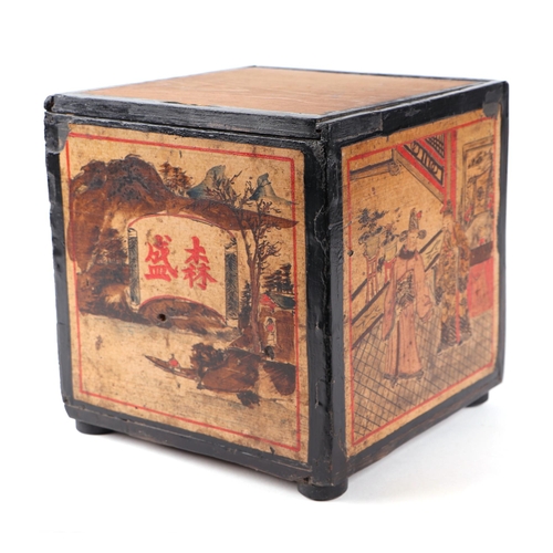 615 - A late 19th / early 20th century Chinese wooden tea box, the panels decorated with figures in a land... 