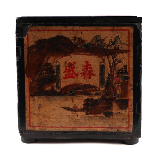 615 - A late 19th / early 20th century Chinese wooden tea box, the panels decorated with figures in a land... 