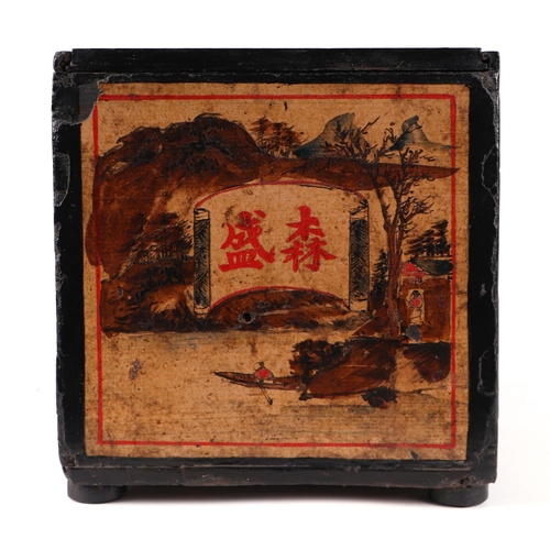 615 - A late 19th / early 20th century Chinese wooden tea box, the panels decorated with figures in a land... 