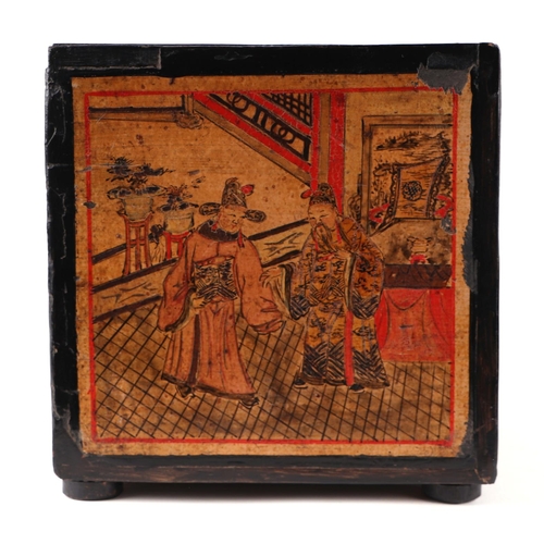 615 - A late 19th / early 20th century Chinese wooden tea box, the panels decorated with figures in a land... 