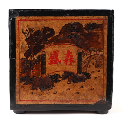 615 - A late 19th / early 20th century Chinese wooden tea box, the panels decorated with figures in a land... 