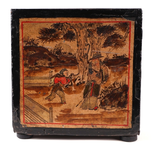 615 - A late 19th / early 20th century Chinese wooden tea box, the panels decorated with figures in a land... 