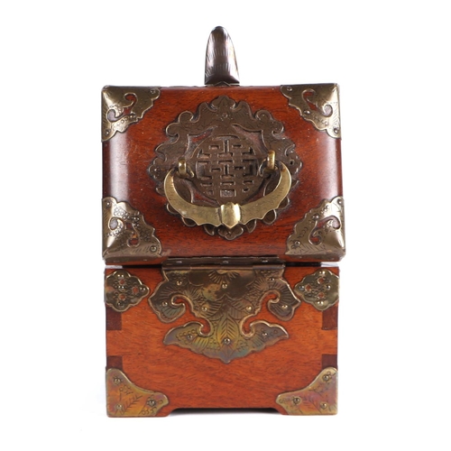 620 - A Chinese hardwood box with engraved brass decoration and fitted interior, 15cms wide.