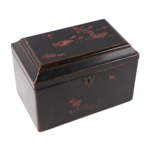 627 - A Japanese lacquer tea caddy decorated in slight relief with birds flowers and insects, 20cm wide.