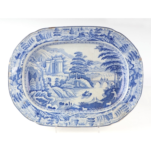 63 - A group of seven blue and white meat plates, largest 51cm wide together with two shaped side dishes,... 