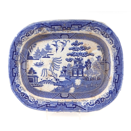 63 - A group of seven blue and white meat plates, largest 51cm wide together with two shaped side dishes,... 