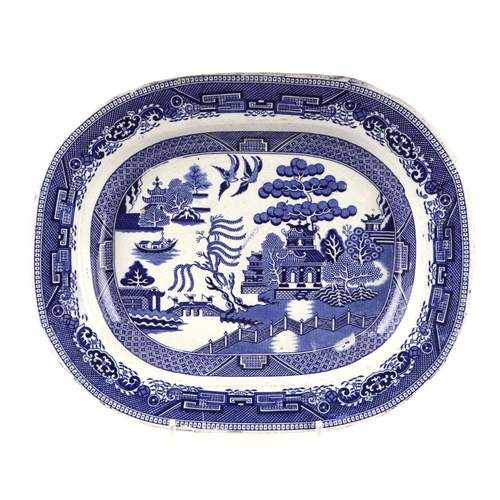 63 - A group of seven blue and white meat plates, largest 51cm wide together with two shaped side dishes,... 