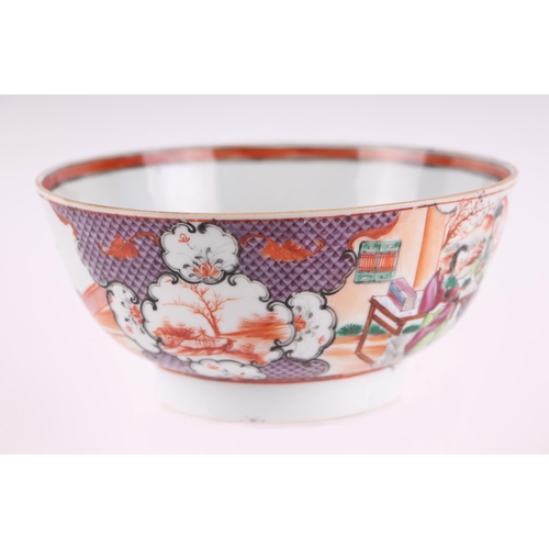 652 - An 18th century Chinese famille rose footed bowl decorated with figures, 17cms diameter.