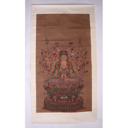 658 - A Chinese watercolour scroll painting depicting a deity seated in the lotus position, 113 by 56cms.