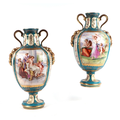 70 - A pair of Sevres style twin-handled baluster vases decorated with vignettes of classical figures, on... 