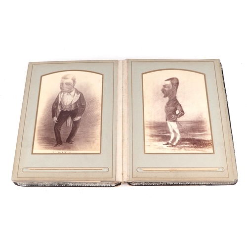 750 - A late Victorian Indian photograph album containing photographic postcards depicting caricatures of ... 