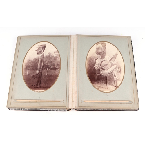 750 - A late Victorian Indian photograph album containing photographic postcards depicting caricatures of ... 