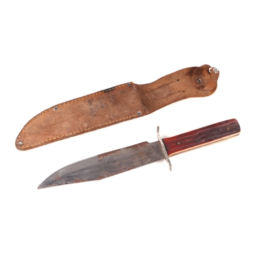 846 - A Bowie knife with 15cms steel blade and antler handle, in a leather sheath.