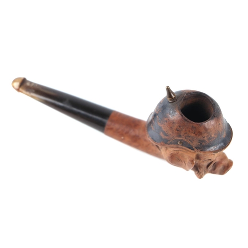 852 - A World War I French carved walnut and horn propaganda caricature smoking pipe, modelled as a pig we... 